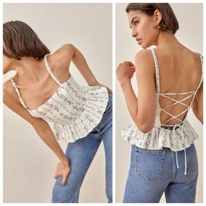 Reformation Top White Floral Linen Barton Sleeveless Peplum Corset Tie Back sz 0